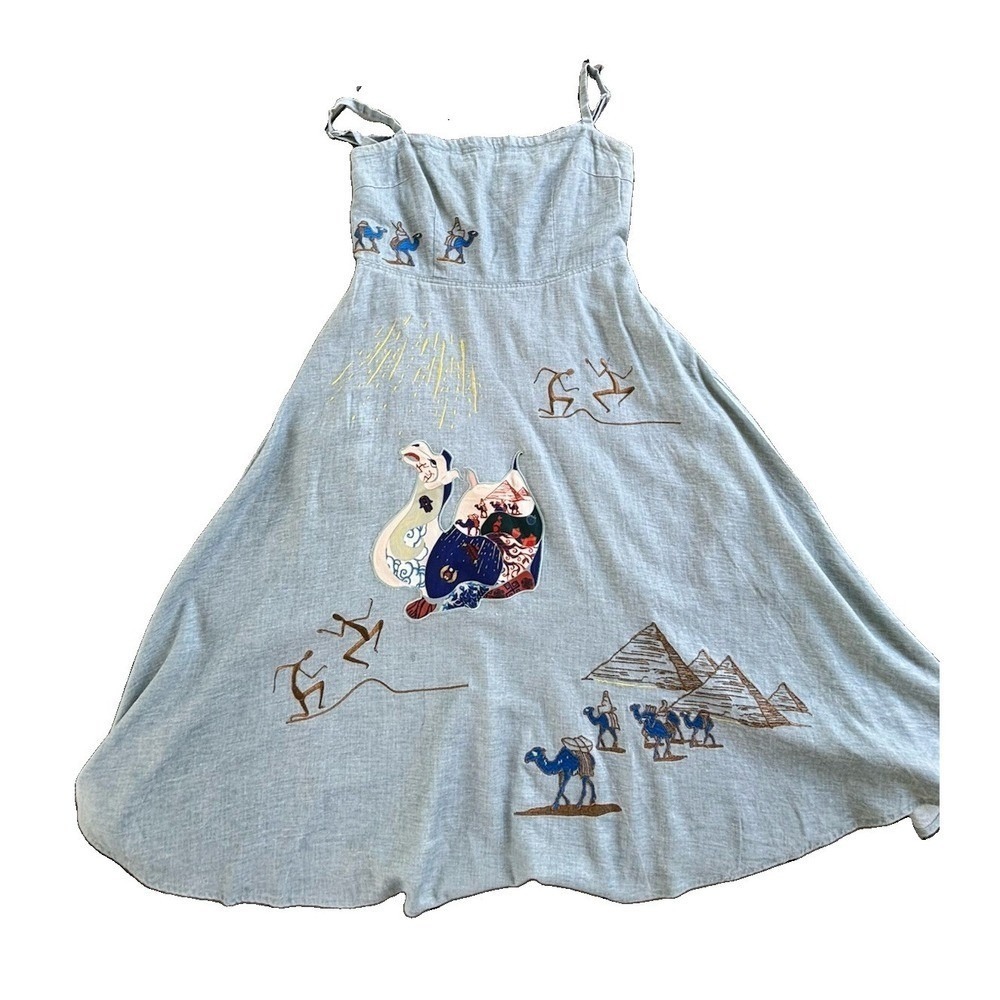 Vintage 90s Embroidered Denim Midi Dress Pyramid Camel Fairycore L